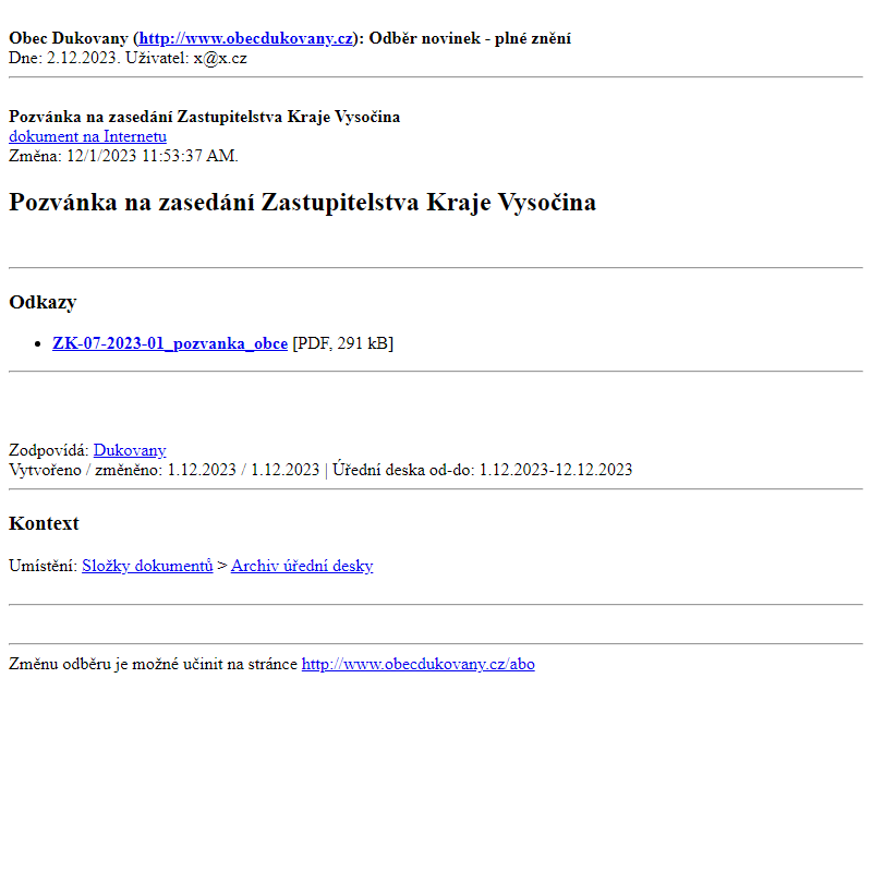 Odběr novinek ze dne 2.12.2023 - dokument Pozvánka na zasedání Zastupitelstva Kraje Vysočina
