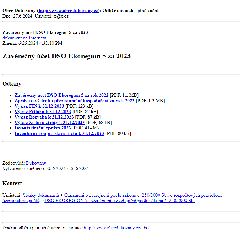 Odběr novinek ze dne 27.6.2024 - dokument Závěrečný účet DSO Ekoregion 5 za 2023