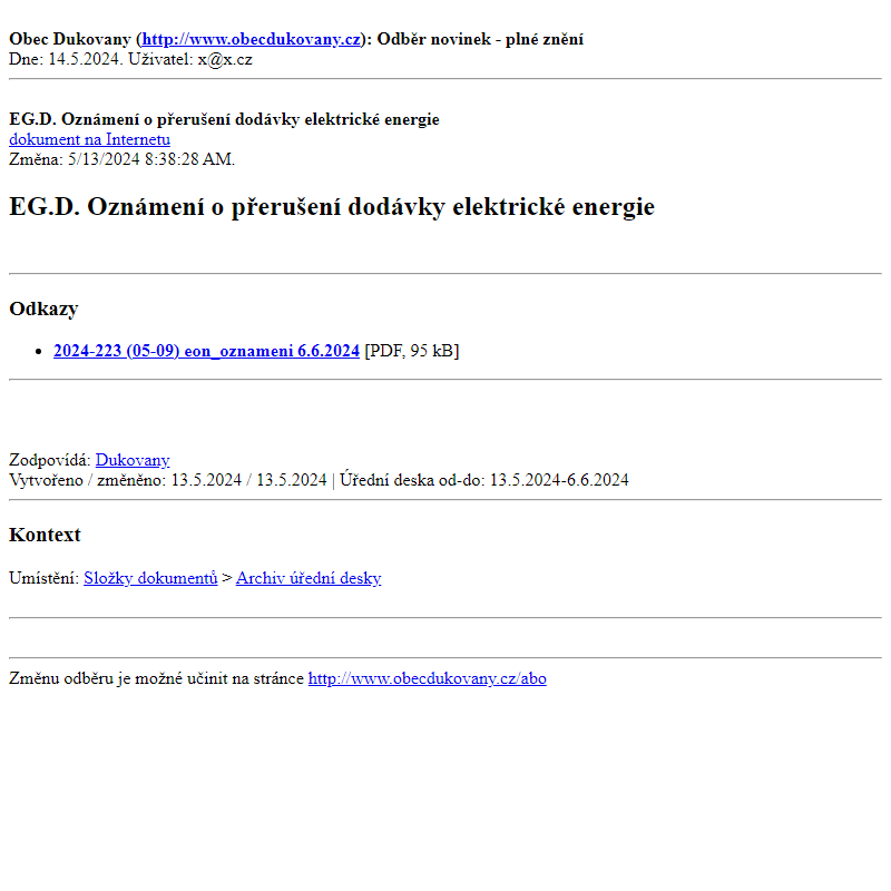 Odběr novinek ze dne 14.5.2024 - dokument EG.D. Oznámení o přerušení dodávky elektrické energie