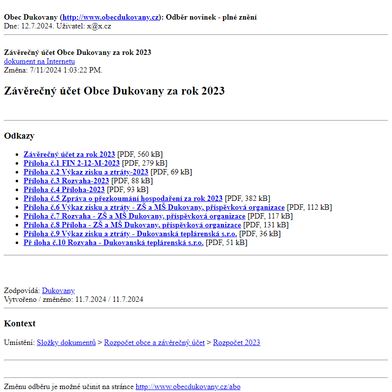 Odběr novinek ze dne 12.7.2024 - dokument Závěrečný účet Obce Dukovany za rok 2023
