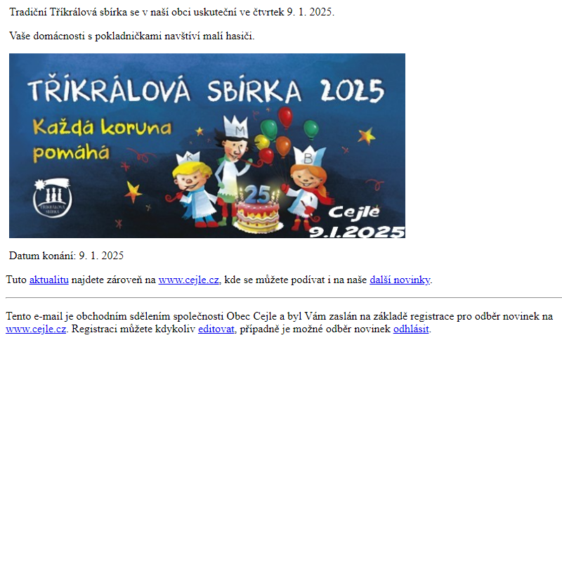 Tříkrálová sbírka - 9. 1. 2025