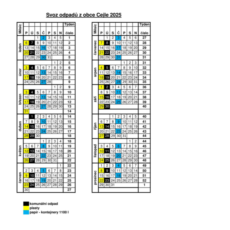 Svozový kalendář komunálního a tříděného odpadu - SLUŽBY MĚSTA JIHLAVY s.r.o. pro rok 2025