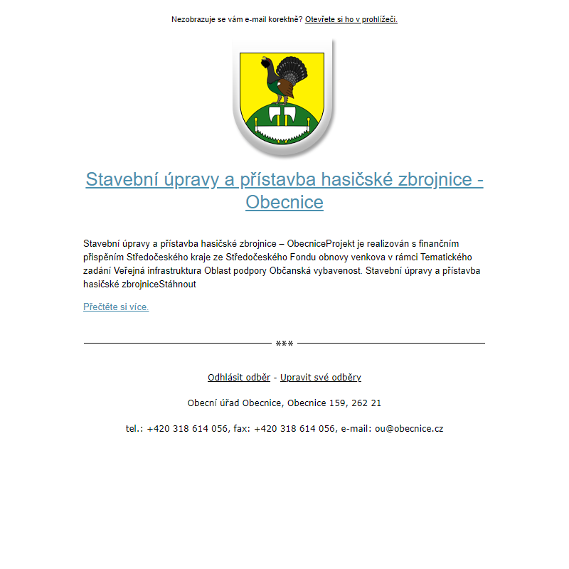 Novinka: Stavební úpravy a přístavba hasičské zbrojnice - Obecnice