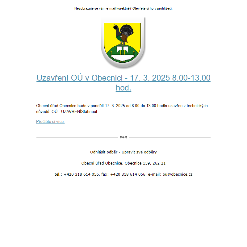 Novinka: Uzavření OÚ v Obecnici - 17. 3. 2025 8.00-13.00 hod.