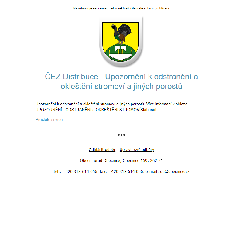 Novinka: ČEZ Distribuce - Upozornění k odstranění a okleštění stromoví a jiných porostů