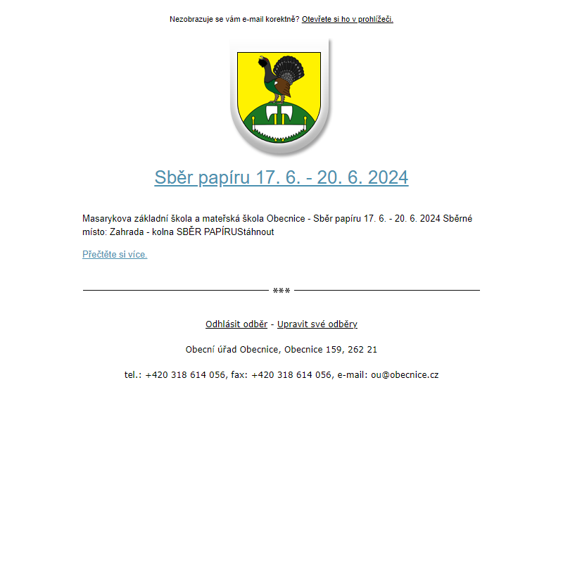 Novinka: Sběr papíru 17. 6. - 20. 6. 2024