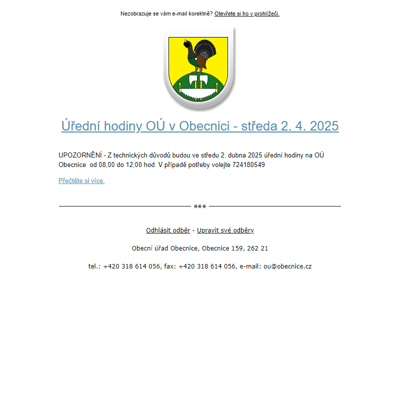 Novinka: Úřední hodiny OÚ v Obecnici - středa 2. 4. 2025