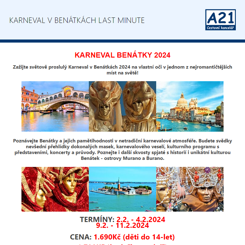 Benátky karneval 2024 s výlety lodí na ostrovy Murano, Burano