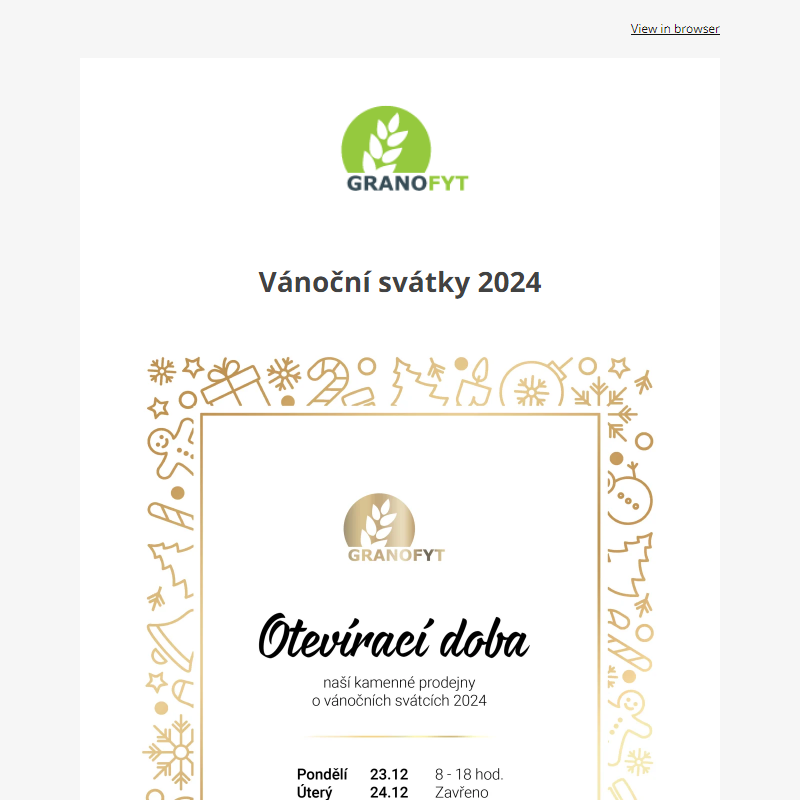 Granofyt - Otevírací doba naší kamenné prodejny v Chrášťanech o vánočních svátcích 2024