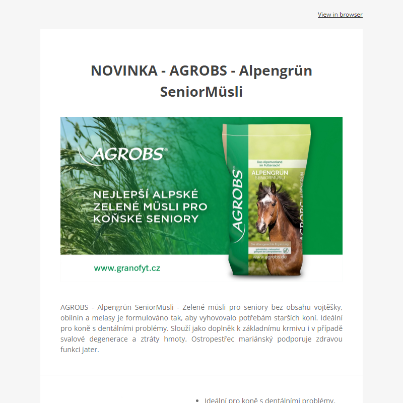 NOVINKA - Nejlepší zelené müsli pro koňské seniory od AGROBS
