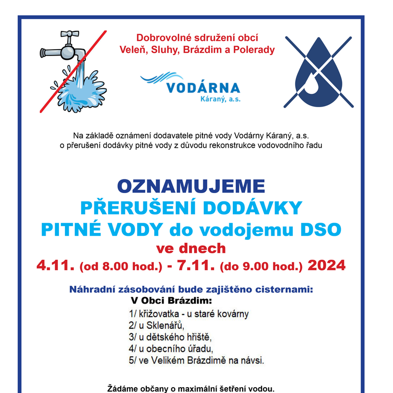 Odstávka vody 4. - 7. 11. 2024