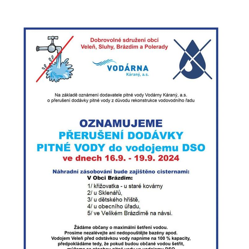 Oznámení o přerušení dodávky pitné vody 16.9. -19.9.2024