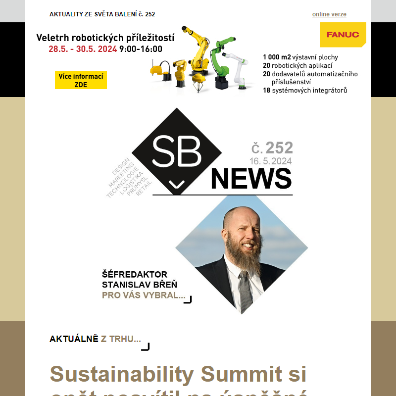 SB News 252: Sustainability Summit si posvítil na úspěšné kroky byznysu v oblasti udržitelnosti, Objem výroby vlnité lepenky v ČR loni klesl, Magnesia s novou vizuální identitou... a další aktuality