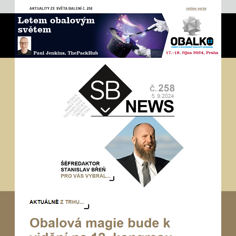 SB News 258: Obalová magie bude k vidění na 12. kongresu Obalko, Známe nejlepší obaly roku 2024, Tekutý Masox v praktickém balení... a další aktuality