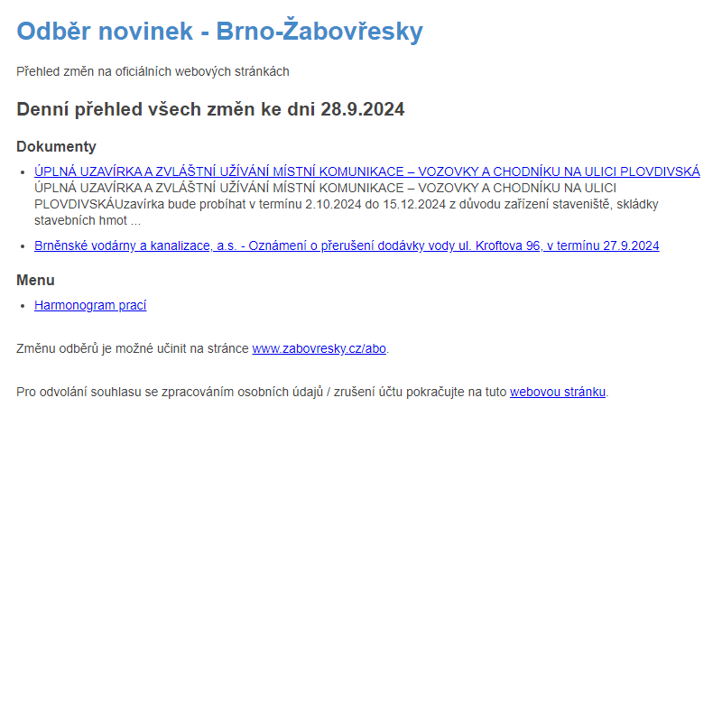 Odběr novinek ze dne 28.9.2024