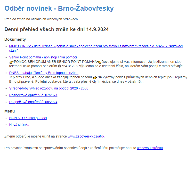 Odběr novinek ze dne 14.9.2024