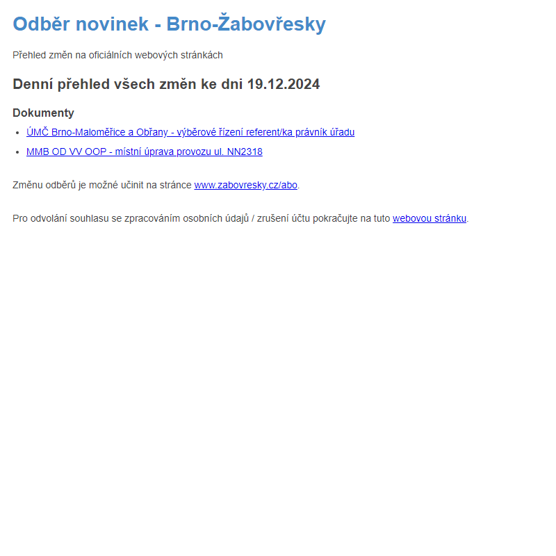 Odběr novinek ze dne 19.12.2024