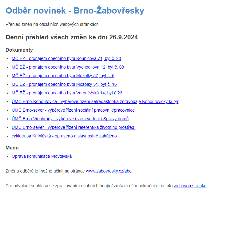 Odběr novinek ze dne 26.9.2024