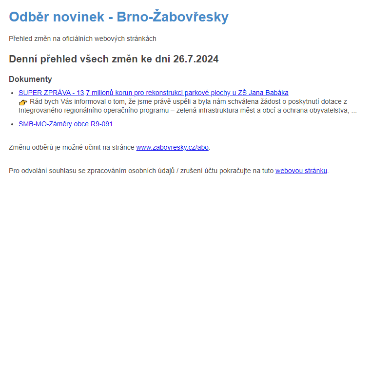 Odběr novinek ze dne 26.7.2024