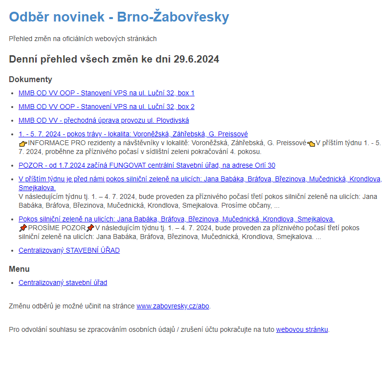 Odběr novinek ze dne 29.6.2024