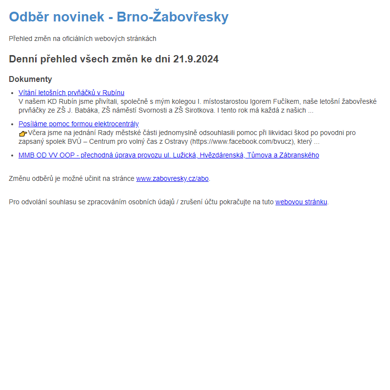 Odběr novinek ze dne 21.9.2024