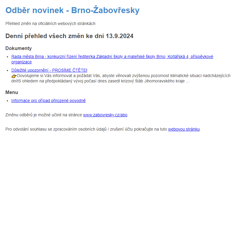 Odběr novinek ze dne 13.9.2024