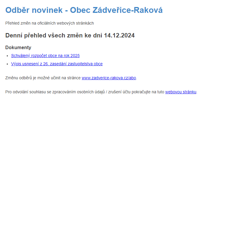 Odběr novinek ze dne 14.12.2024