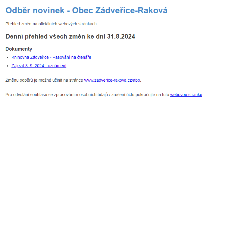 Odběr novinek ze dne 31.8.2024