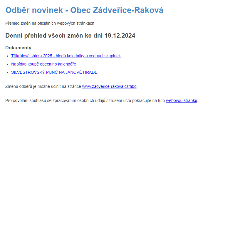 Odběr novinek ze dne 19.12.2024