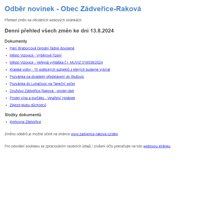 Odběr novinek ze dne 13.8.2024