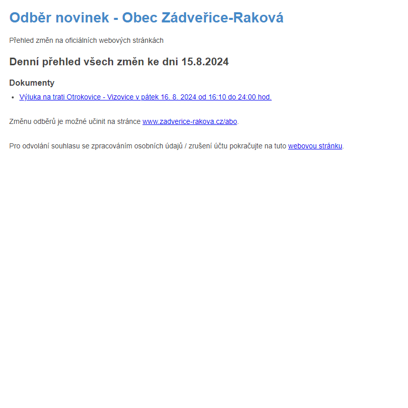 Odběr novinek ze dne 15.8.2024