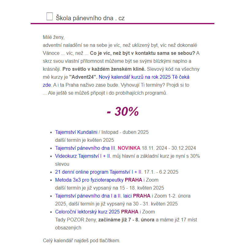 _ V adventní neděli mínus 30% - NOVÝ KALENDÁŘ KURZŮ - i ta Praha tam je, ano, naživo je naživo