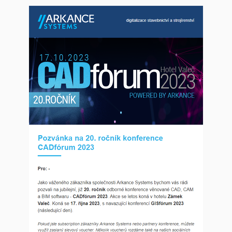 Pozvánka na 20. ročník CAD/BIM konference CADfórum 2023 -  