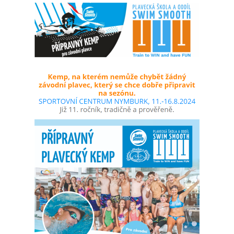 Přípravný plavecký kemp pro závodní plavce - Nymburk 11.-16.8.2024!