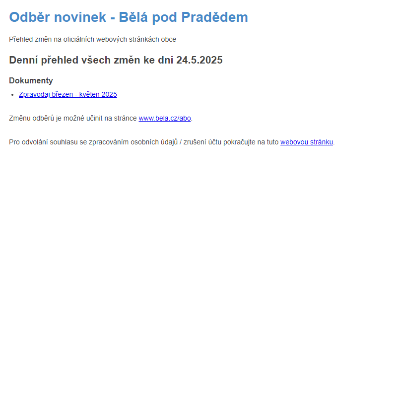 Obecní úřad Bělá pod Pradědem - odběr novinek ze dne 24.5.2025