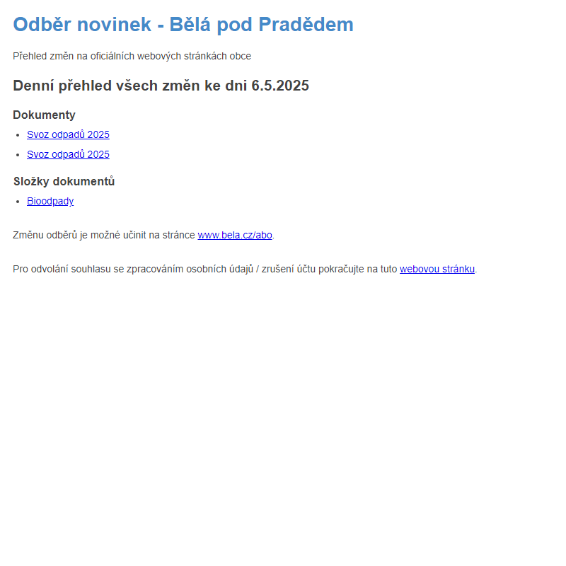 Obecní úřad Bělá pod Pradědem - odběr novinek ze dne 6.5.2025