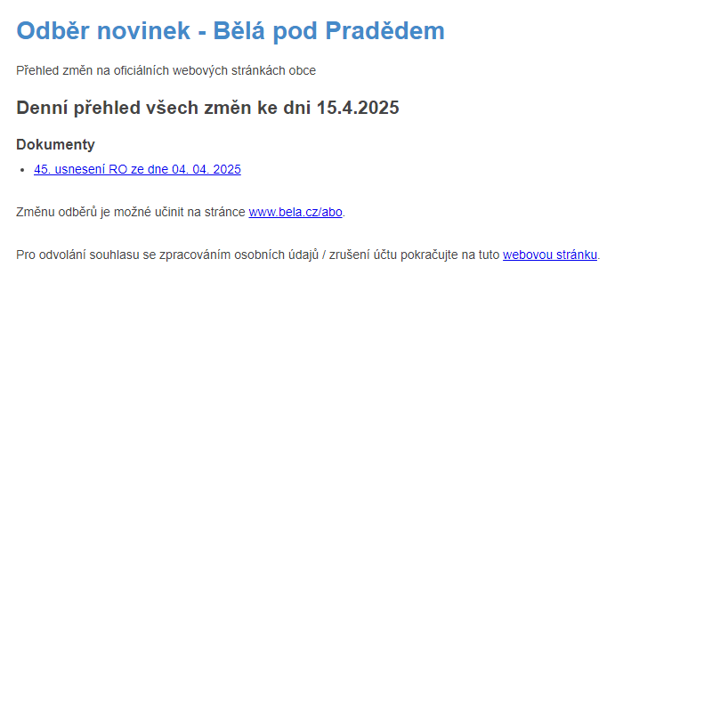 Obecní úřad Bělá pod Pradědem - odběr novinek ze dne 15.4.2025