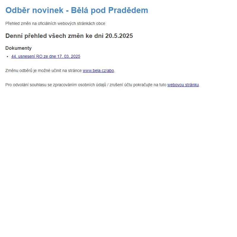 Obecní úřad Bělá pod Pradědem - odběr novinek ze dne 20.5.2025