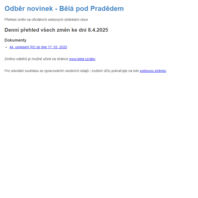 Obecní úřad Bělá pod Pradědem - odběr novinek ze dne 8.4.2025