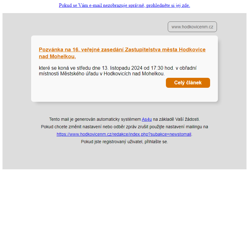 Pozvánka na 16. veřejné zasedání Zastupitelstva města Hodkovice nad Mohelkou,