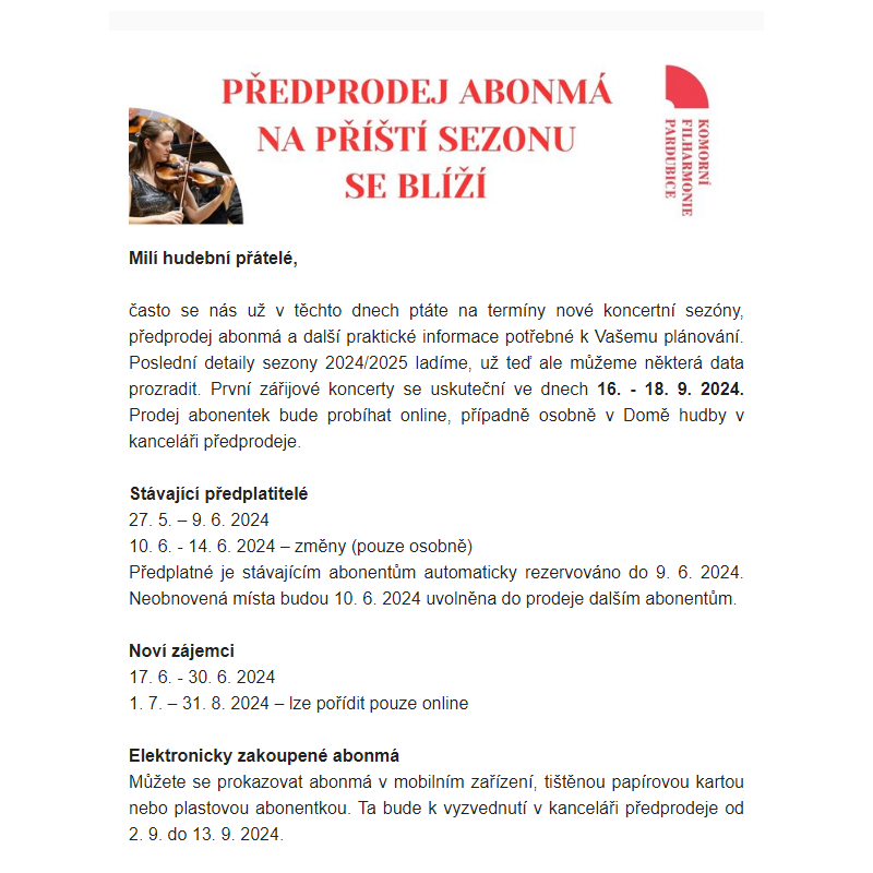 Aktuální program & předprodej abonmá 2024/2025 Komorní filharmonie Pardubice