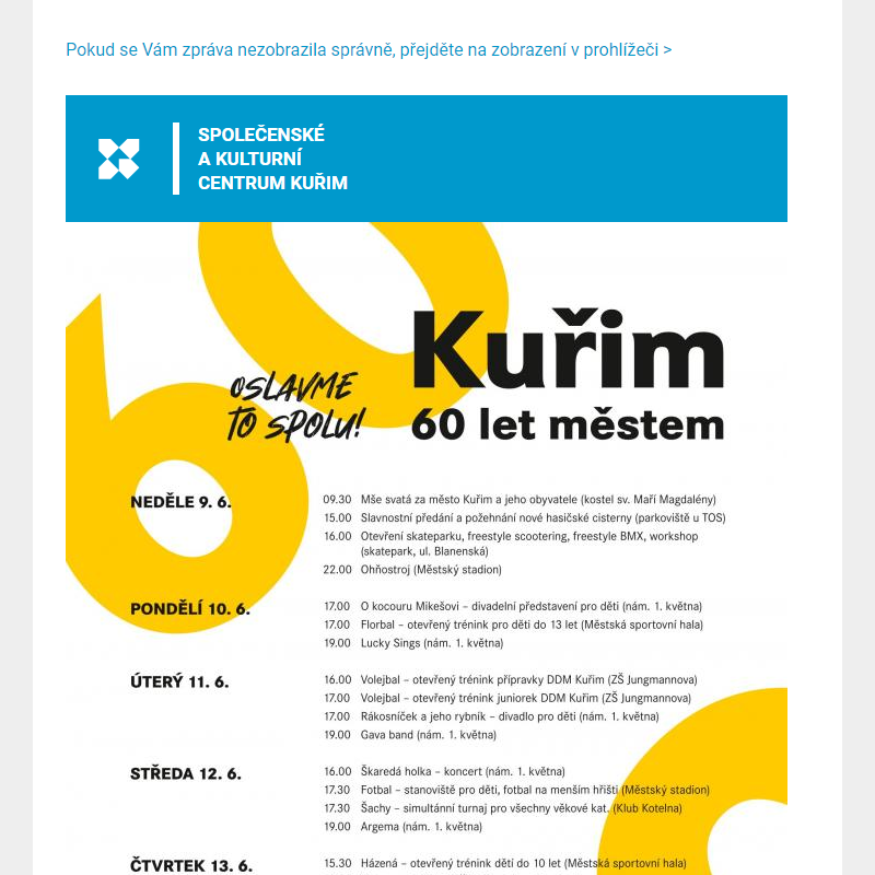 [Newsletter] KUŘIM 60. LET MĚSTEM