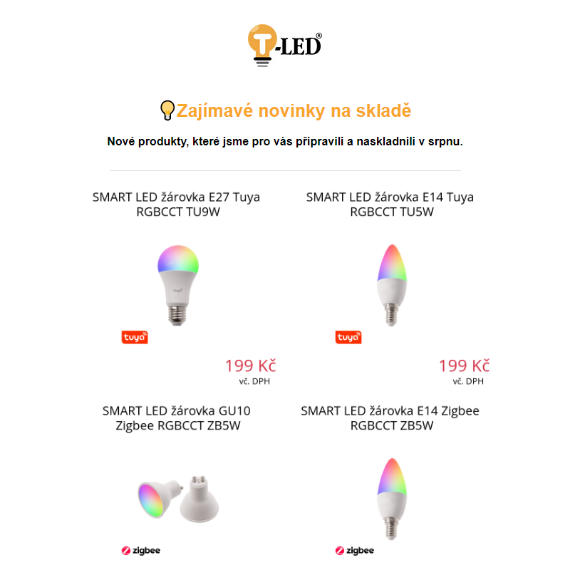 _ Nové smart žárovky, LED sady i čidla na skladě | Srpen 2023