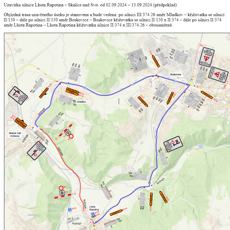 Uzavírka silnice III. tř. Lhota Rapotina - Skalice nad Svit.