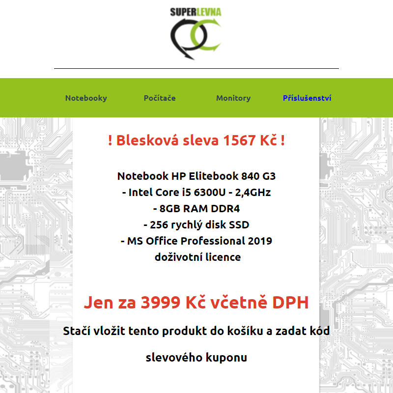 Blesková sleva na notebook HP Elitebook + Office 2019  za 3999 Kč