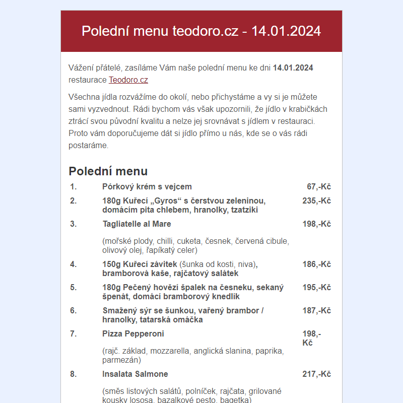 Poledni menu teodoro.cz - 14.01.2024