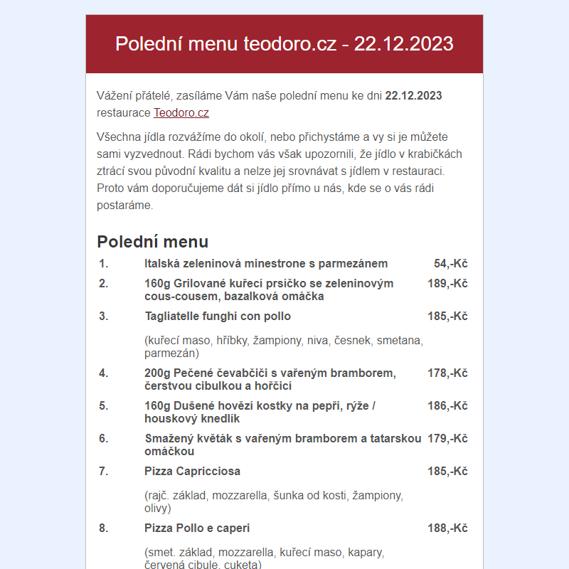 Poledni menu teodoro.cz - 22.12.2023
