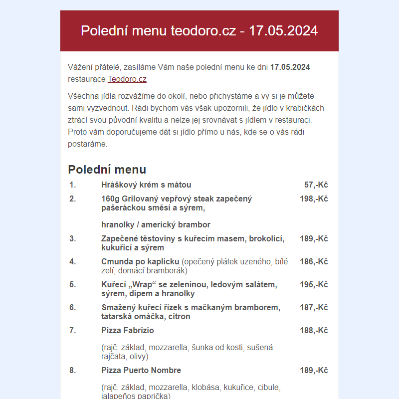 Poledni menu teodoro.cz - 17.05.2024