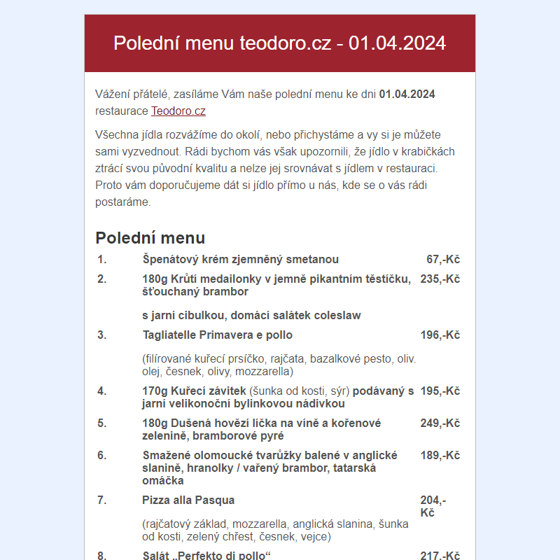 Poledni menu teodoro.cz - 01.04.2024