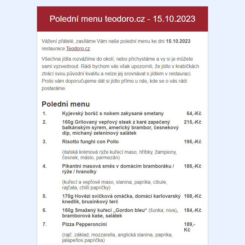 Poledni menu teodoro.cz - 15.10.2023